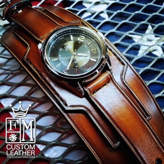 Brown Leather cuff watch Tobacco fade watch band wide cuff leather Bracelet Handmade for YOU in NYC by Freddie Matara