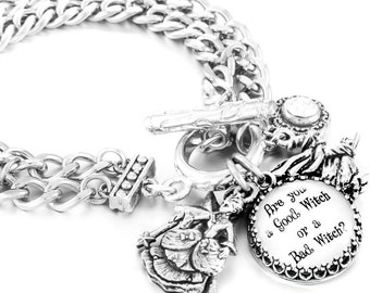 Good Witch Bad Witch Charm Bracelet, Silver Wicca Jewelry, Stainless Steel Bracelet, Wizard of Oz Charm Bracelet