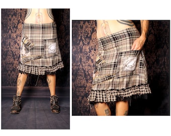 School Girl Plaid Skirt. tan grey black flannel skirt, studded Punk Rock Fashion. patchwork Gothic Lolita ruffle skirt, Cosplay a line skirt