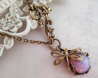 Fire Opal dragonfly necklace, Art Nouveau asymmetrical necklace, dragonfly jewelry, filigree jewelry statement necklace bug pendant necklace