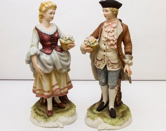 Vintage Lefton, Porcelain Figurine, Colonial Man and Woman, KW3660, Hand Painted, Vintage Porcelain, Home Decor, Woman with Flowers