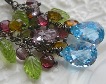 Blue topaz tassel earrings-Multi gemstone tassel earrings-Wildflower