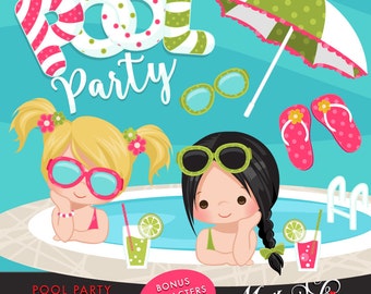 Pool Party Clipart for Girls. Little girls with pool party banner, flip flops, fruit drinks, sunglasses, umbrella and pool summer cliparts