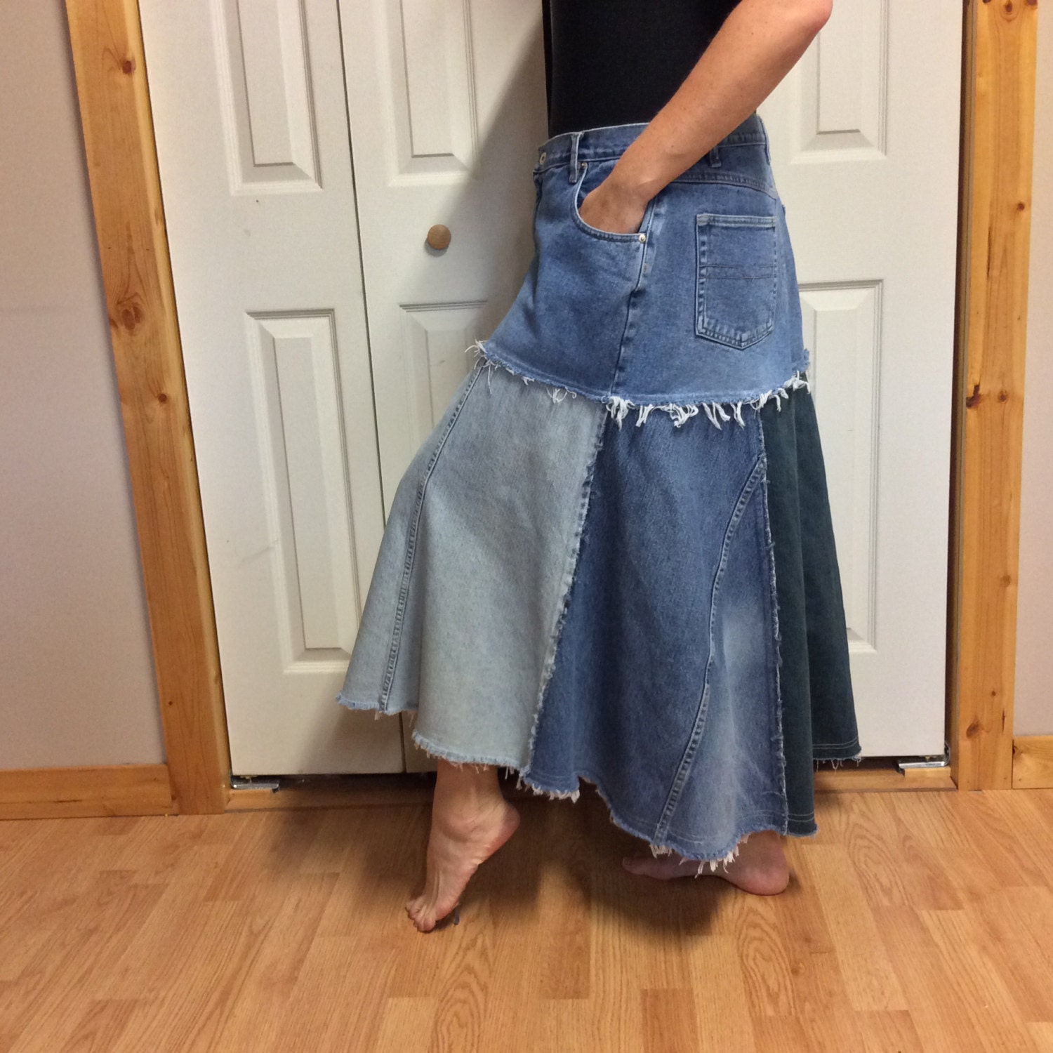 2XL Patchwork Denim Skirt/Plus Size Skirt/Long/Blue Jean