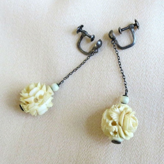 Hand Carved Ivory Roses Dangle Earrings Vintage by MyVintageJewels