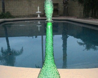 Vintage Mid Century Rossini Empoli Style Green Verde Tall Midcentury Bubble Bumpy Art Glass Decanter