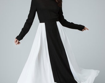 Black linen dress, white chiffon dress, maxi dress ,womens dresses, summer dress, party dress, fall dress, prom dress, gift idea 1452