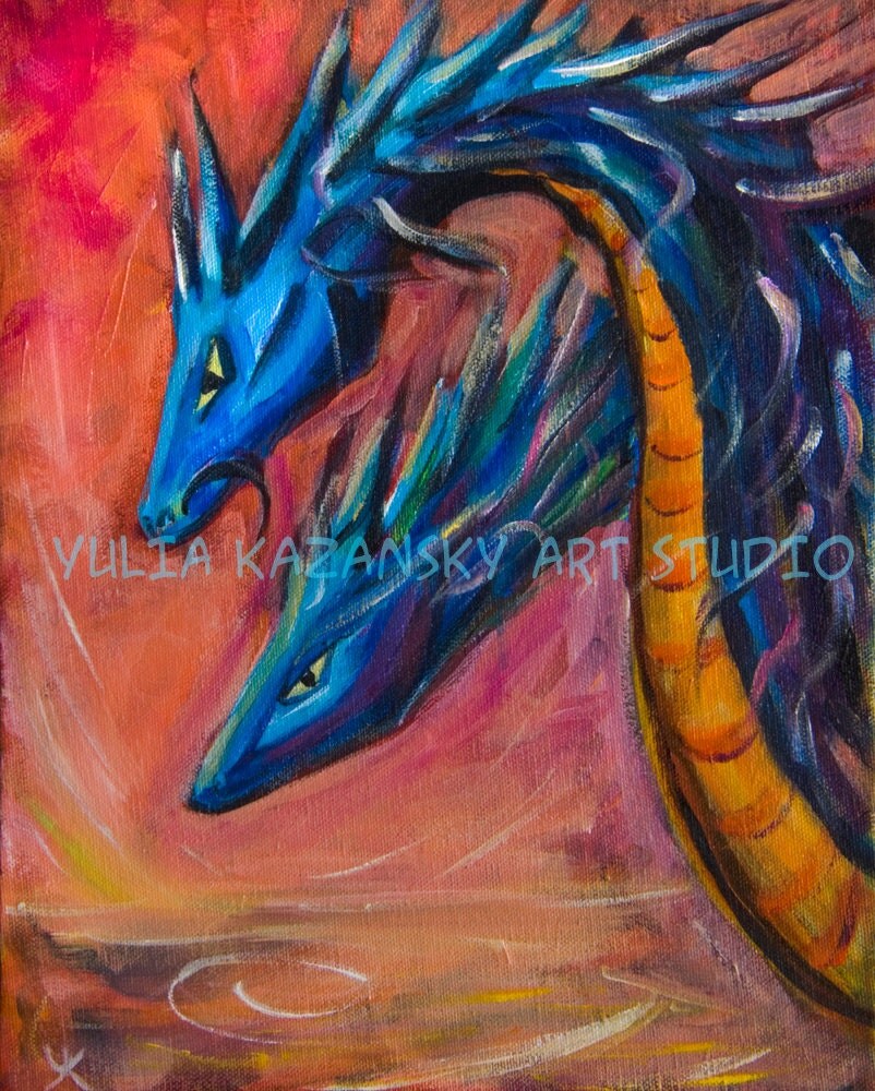 Original acrylic painting Blue Dragons dragon art dragon