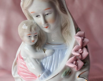 Vintage Madonna Virgin Mary with Infant Jesus Bust Figurine/ Religious Home decor