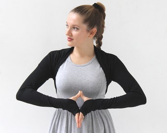 Black Bolero Shrug/Shrugs/Black Long Sleeve Shrug with Thumbholes/Fitted Black Shrug/Shrug for dresses/Boleros and shrugs/Shrugs for women