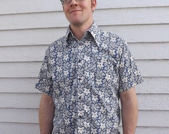 Mens Blue Print Shirt Casual Short Sleeve L Vintage Cambridge