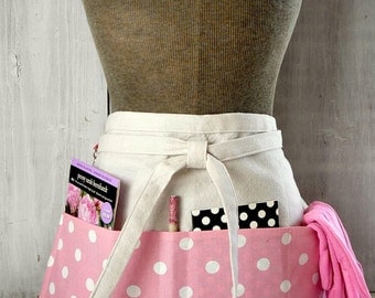 Pink Polka Dot Womens Half Apron - Pink Apron - Waitress - Teacher - Work Apron