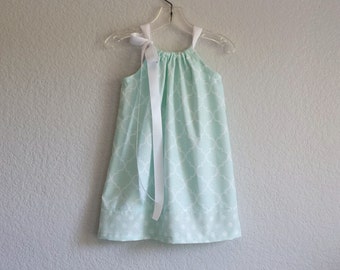 New! Girls Mint Green Pillowcase Dress - White Quatrefoil Print on Green - Flower Girl Dress - Size 12m, 18m, 2T, 3T, 4T, 5 or 6