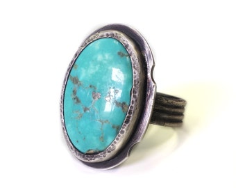 Oval Green Turquoise and Blackened Silver Ring - Size 9 - Arizona Sleeping Beauty Turquoise- Boho, Rustic