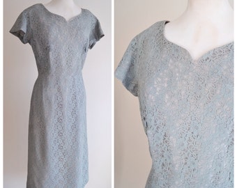 1950s Sage green lace & taffeta day dress / 50s grey green wiggle dress - M L