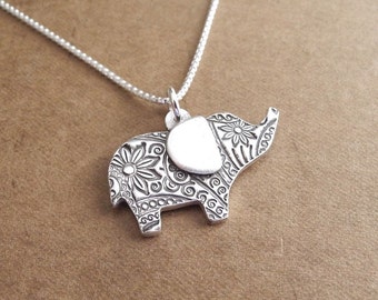Flowered Elephant Necklace, Good Luck Elephant, Fine Silver, Sterling Silver Chain, Made To Order