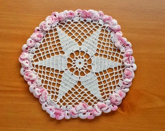 7.5 to 8 inch Crochet Doily with Pink Border, Vintage Handmade Doily with Pink Ruffled Border, Table Doily Great Under Vases
