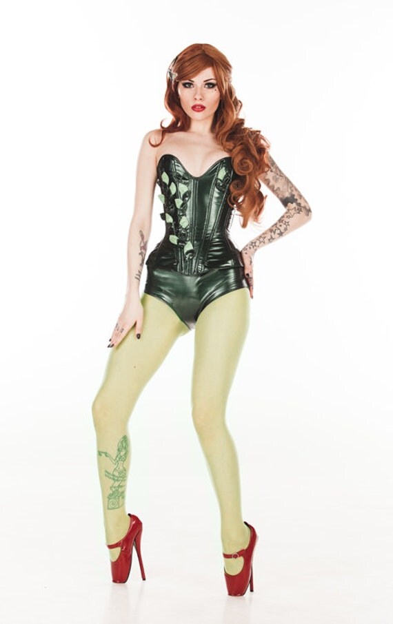 Metallic Green Pvc Poison Ivy Overbust Corset And High Waisted