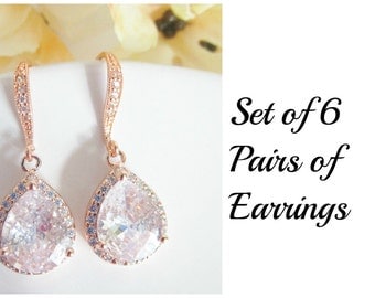 Set of 6 Bridesmaids Earrings, 20% Discount,Bridal Party Gifts,CZ Earrings, Six Pairs Earrings,Set of 6 Rose Gold Bridesmaid Earrings