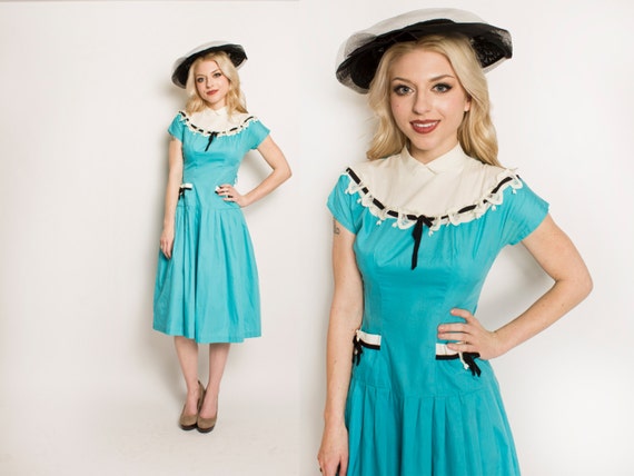 Vintage 1950s Dress Full Skirt Teal Blue Cotton School Girl