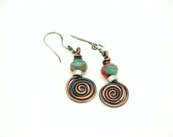 Copper Earrings Spiral Wire Wrapped Jewelry Dangle Earrings Handmade Earrings Rustic Tribal