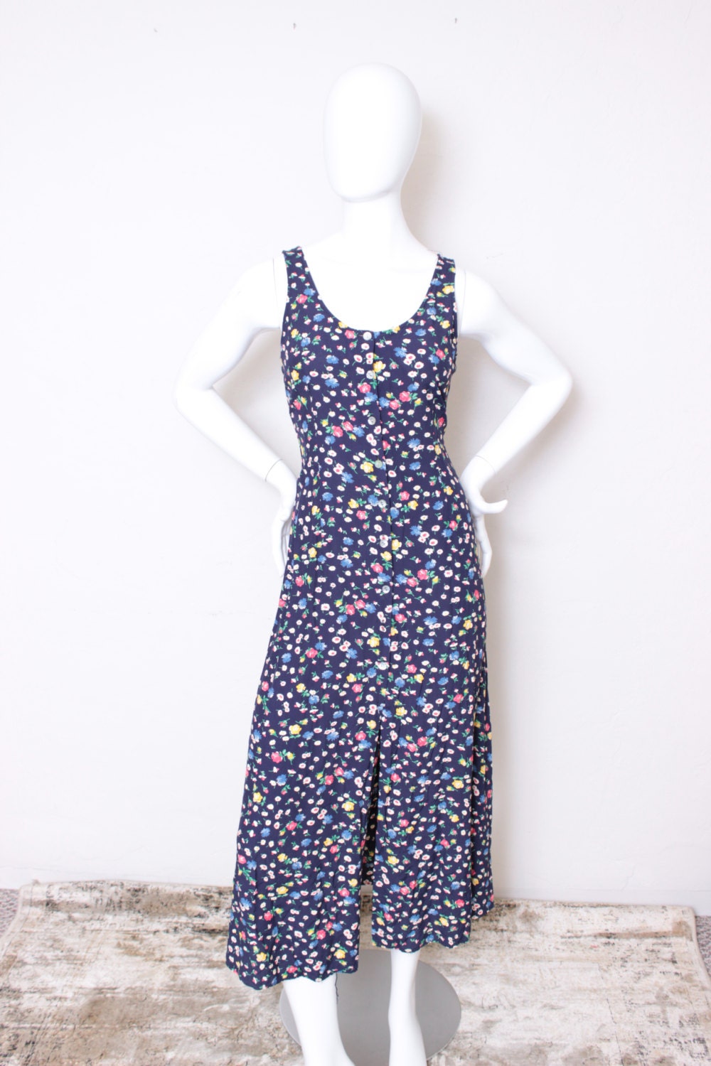 Vintage Navy Blue Floral Dress with Buttons Up the by thejunkhaus