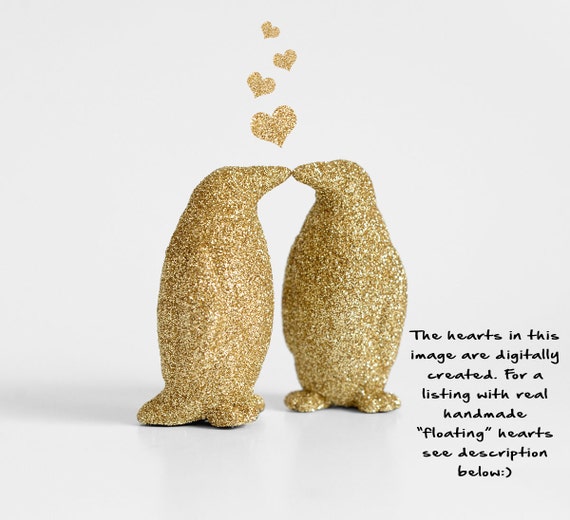 Two Gold Kissing Penguins Glitter Wedding Cake Topper