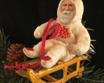 Reproduction Spun Cotton Santa Ornament on a Dresden Sled