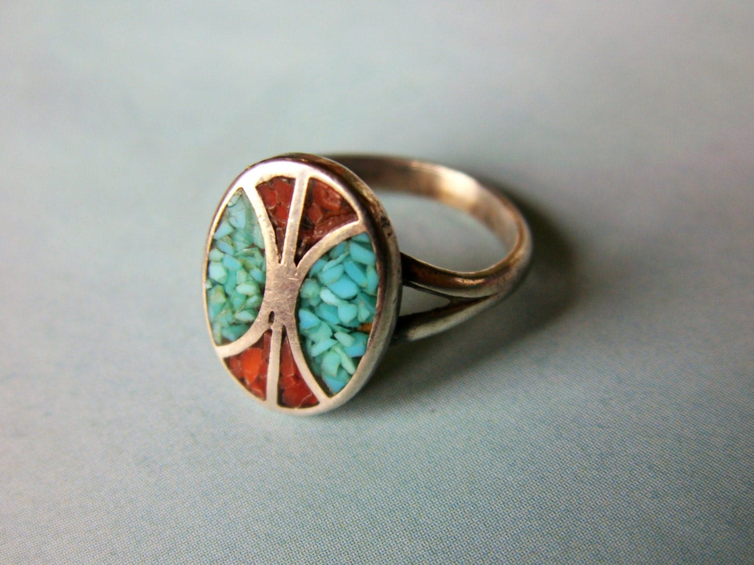 Vintage Coral and Turquoise Chip Inlaid Sterling Silver Ring