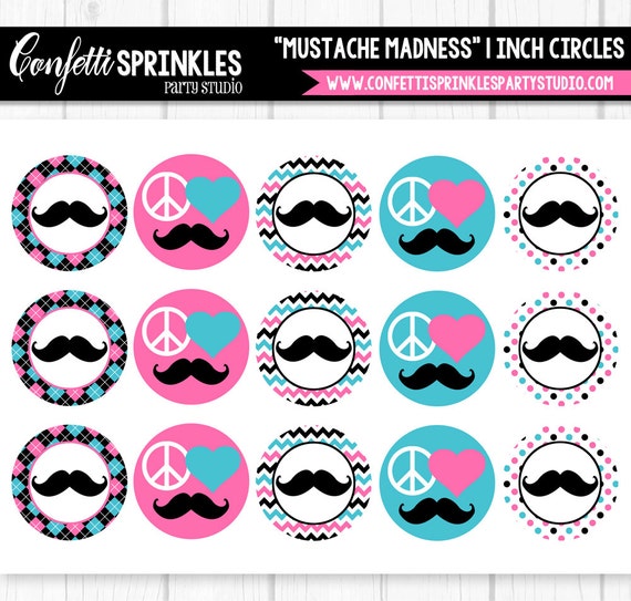 INSTANT DOWNLOAD Pink "Mustache Madness" Peace Sign 4x6" 1" Inch Bottle Cap Image/Digital Collage Sheet Il_570xn