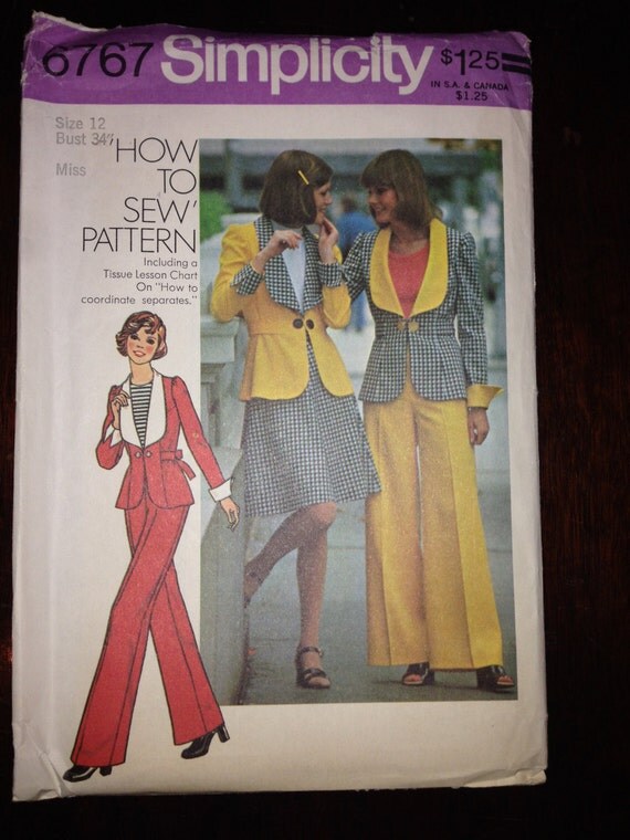 Simplicity Sewing Pattern 6767 70s Misses Unlined Jacket, Short Skirt and Pants Size 12 Uncut