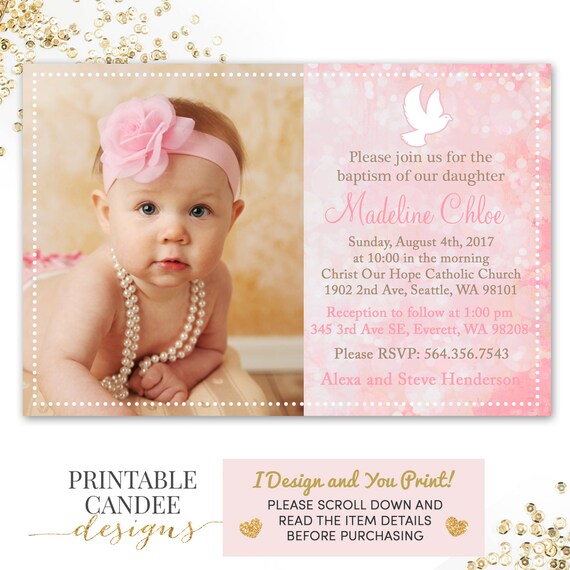 Pink Baptism Invitation Dove Christening by printablecandee