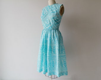 1950s Turquoise Florals Party Dress / Vintage 50s White Paisley Sheath Dress / Small