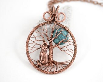 Dark Full Moon Cat Tree-Of-Life Pendant Copper Wire Wrapped Pendant Wired Copper Mother day gift-for-men gift-for-dad gift-for-husband gift