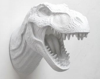 T Rex Head White Dinosaur Wall Mount, The Bronson, Resin T-Rex Head Wall Art White Faux Taxidermy, Dinosaur Head Jurassic Decor