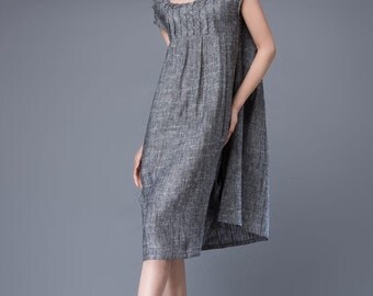 Gray linen tunic dress - mini Linen Women's Summer Dress with Cap Sleeves & Scoop Neck Mid-Length Plus Size Dress C886