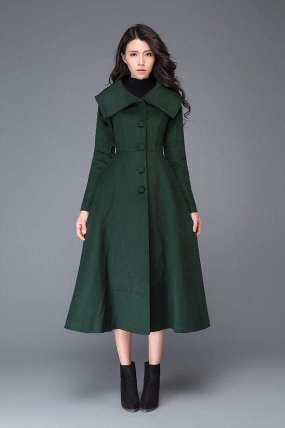 Women's long coat/green wool coat/big collar coat/winter