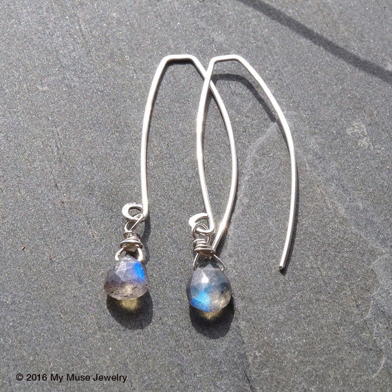 Labradorite Earrings Modern Threader Handmade by mymusejewelry