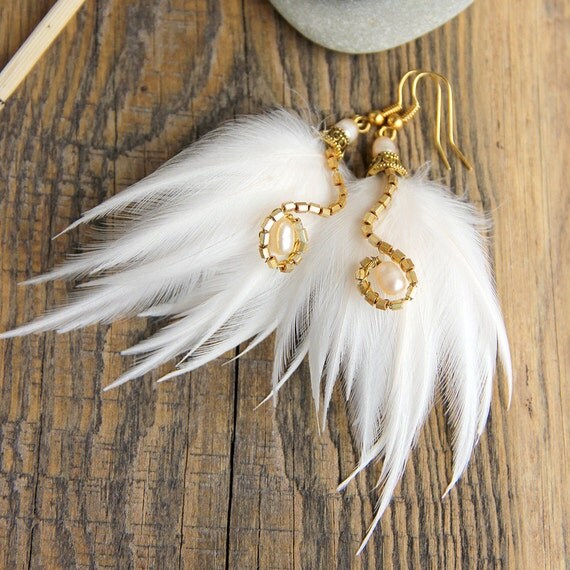 White Feather Earrings Wedding Earrings Golden Summer by Nastasy