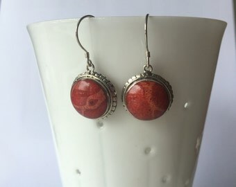 Red Coral round drop earring/ simple red earrings/ coral dangle earrings/ Everyday jewelry/Gift Idea for her