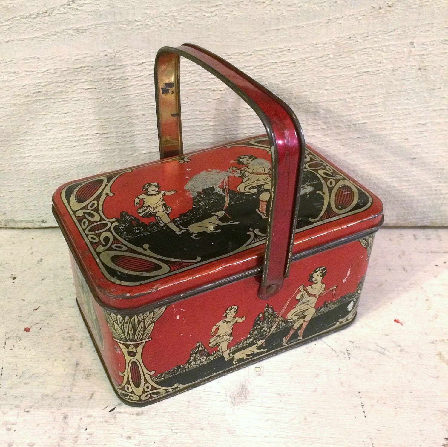 Shabby Antique Tin Small Lunch Box Style Red Vintage Tin Box