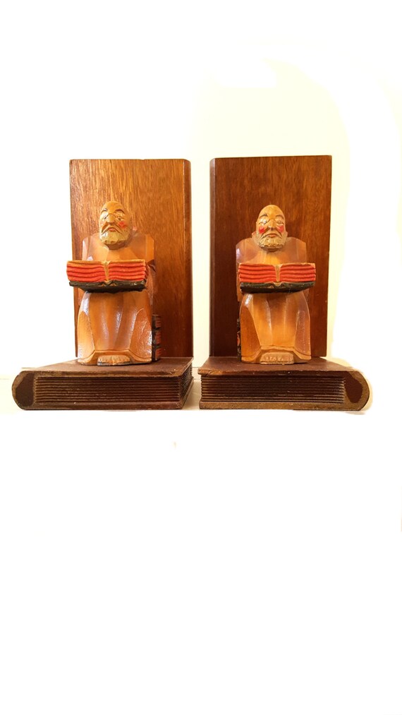 Carved Bookends Vintage Monk Priest Friar Religious Wood