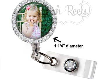 Custom Photo Badge Reel - Rhinestone Photo Badge Holder, Custom Photo Gift - Posh Reels Bling Photo Badge Reel - Picture Badge Reel - 0030