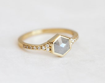 Rose Cut Hexagon Diamond Ring, Diamond Engagement Ring, Wedding Diamond Ring, Unique Engagement Ring