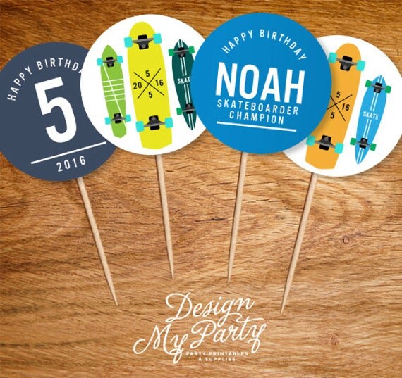 Skateboard Cupcake Toppers Personalised DIY by DesignMyPartyShop