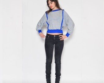 Vintage 80's Polka Dot Batwing Top / White Long Sleeve Blouse / Polka Dot White Long Sleeve Top