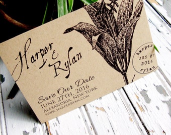 Botanical Save the Date Postcard, Rustic Save the Date, Postcard Save the Date, Kraft Paper Save the Date, Botanic Wedding, Lily, Vintage