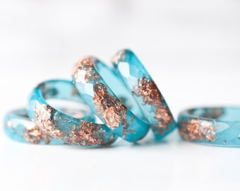 Blue Resin Ring With Copper Flakes - Thin Faceted Band Ring - Resin Stacking Ring - Minimal Resin Jewelry