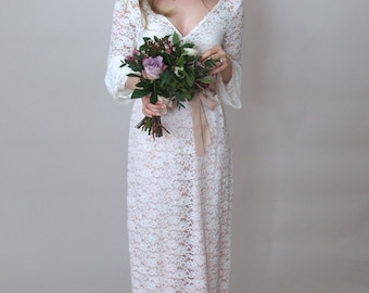 SOPHIA - Lace Raschel Bohemian Simple Bridal Gown with long sleeves - floaty & ethereal boho wedding dress lace bridal gown