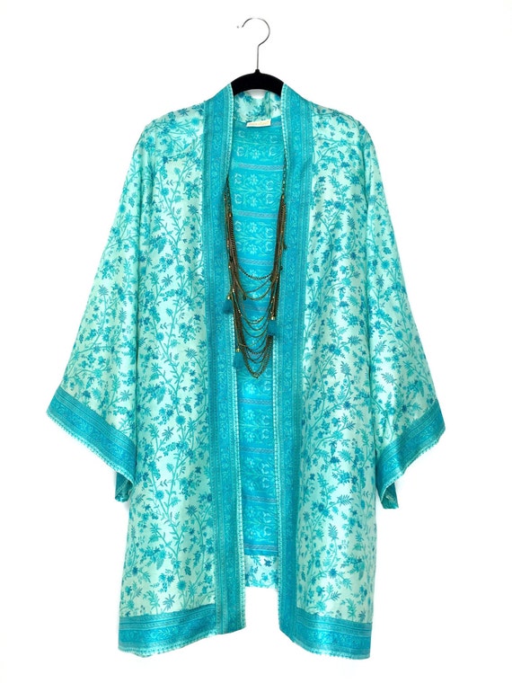 Silk kimono jacket / beach cover up / in light turquoise blue